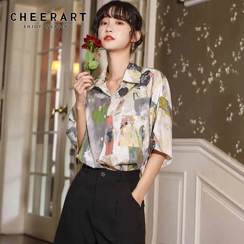 Цветные чертежи с короткими рукавами блузка женские летние верхние кнопки на пуговицах с круглым воротником рубашка повседневная мода 210427