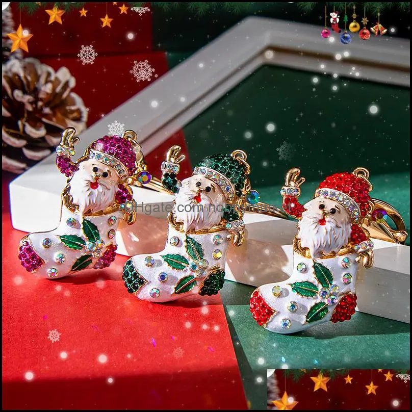 Christmas Tree Style Key Rings Rhinestone Xmas Santa Keychains for Women Jewelry Gifts