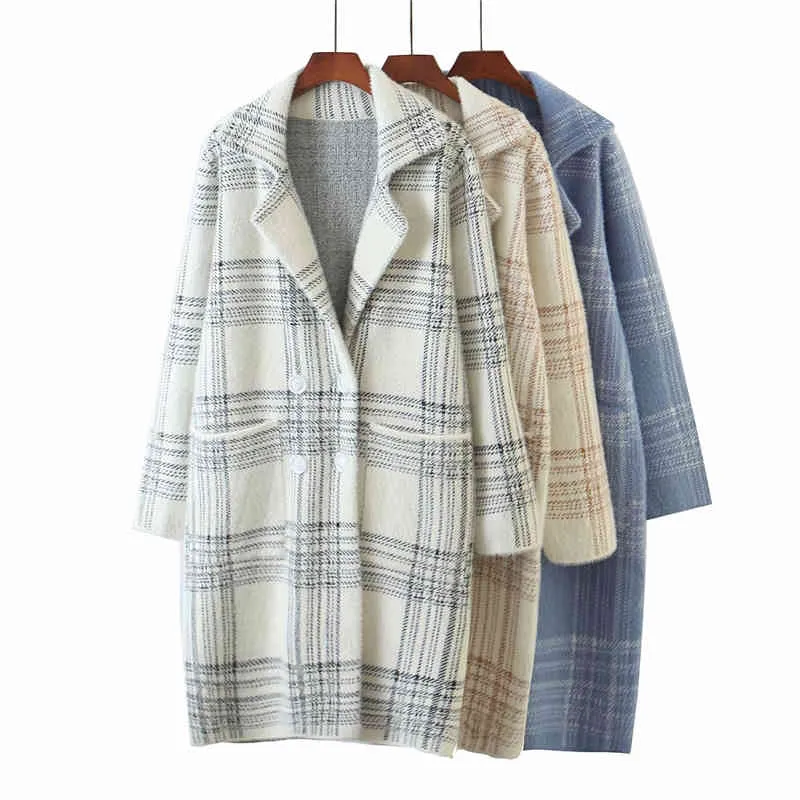 Femmes élégantes plaid laine vêtements d'extérieur mode poche long streetwear femme causal lâche pardessus filles chic manteau 210427