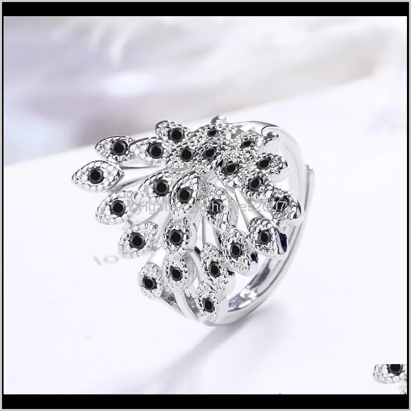 luxury female peacock crystal big ring cute silver color open engagement vintage stone wedding rings for women