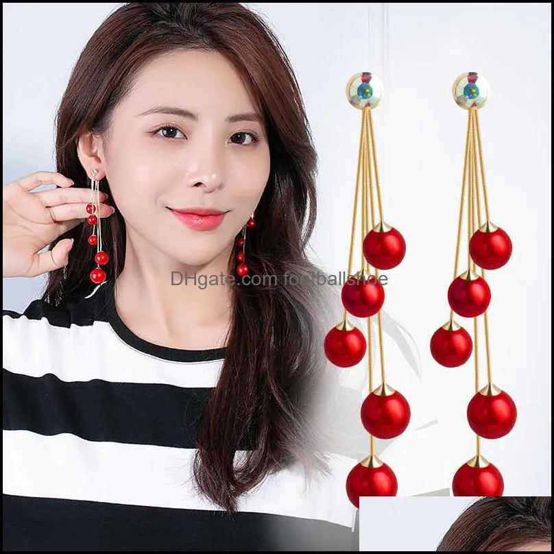 Brand Dangle & Chandelier Red Pearl Earrings temperament Korean net red female 2021 new fashion long Sterling Silver New