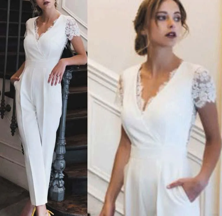 Estilo rural Elegante apliques de encaje Monos Vestido de novia Pantalones con cuello en V para bodas Trajes de pantalón Robe De Mariee Vestidos de novia por encargo