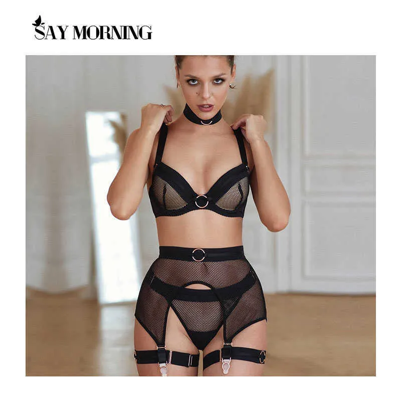 SAY MORNING 2021 New Summer Women's Lace Mesh Iron Ring Stitching Bib Sexy Bodysuit Underwear Set Four-Piece Erotic Lingerie Y0911