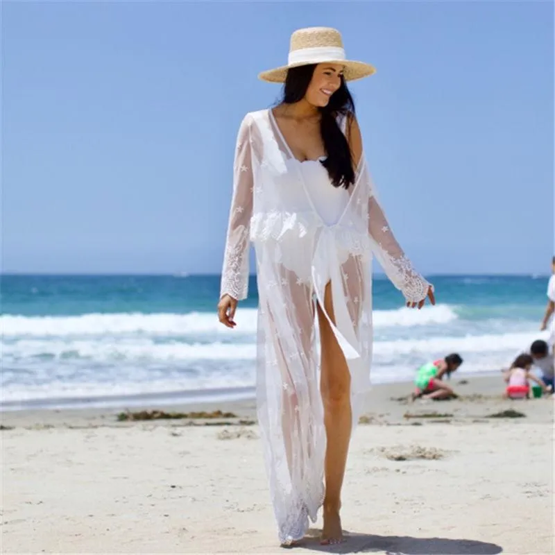 여성용 블라우스 셔츠 2021 섹시한 흰색 레이스 롱 기모노 가디건 플러스 크기 여름 해변 마모 스콜 랩 엣지 여성 탑 및 N102