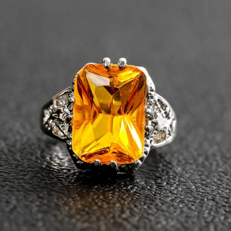 Обручальные кольца изысканный анитить желтый камень прямоугольник большой для женщин мужчина винтажные Zircon Charm Bands целые Salewedding