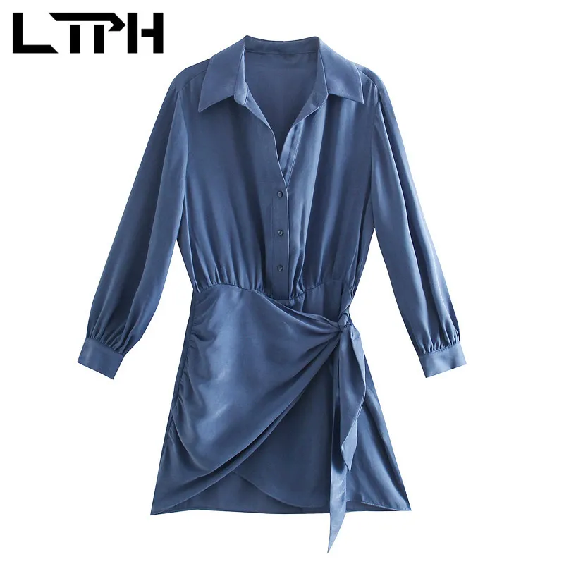 vintage lapel long sleeve women dress chic high waist Bow decoration fashion satin texture elegant dresses Spring 210427