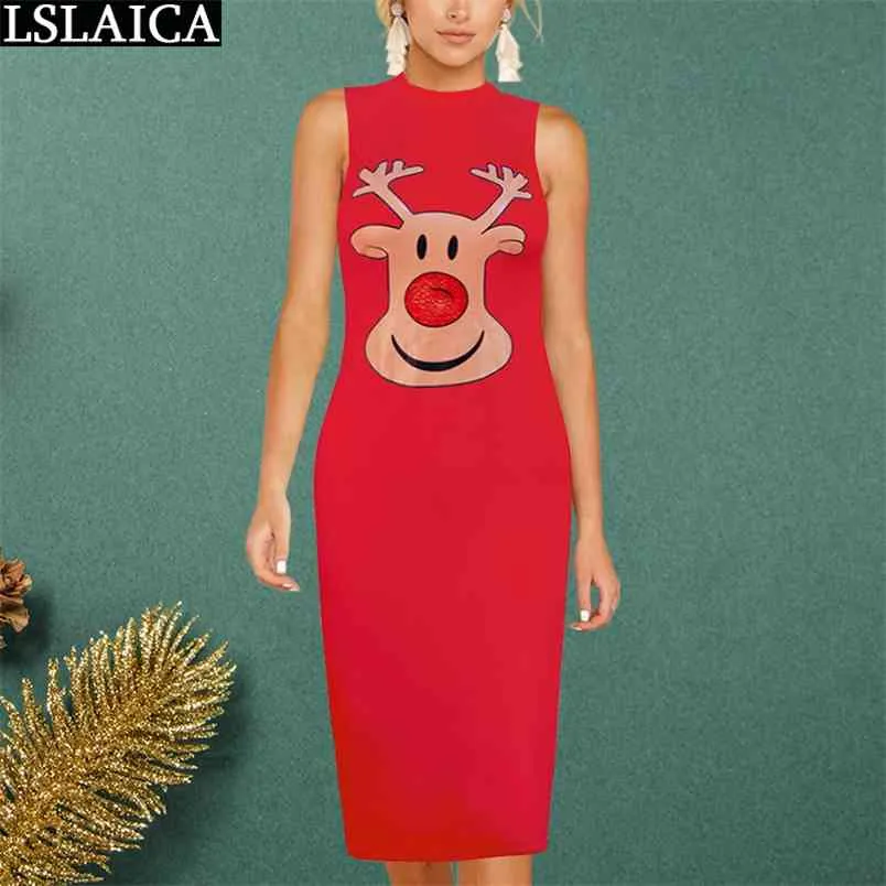 Sommerkleid Frauen Mode Weihnachtsdruck ärmellos O-Ausschnitt Maxi Plus Größe Casual Streetwear Vestidos de Verano 210515