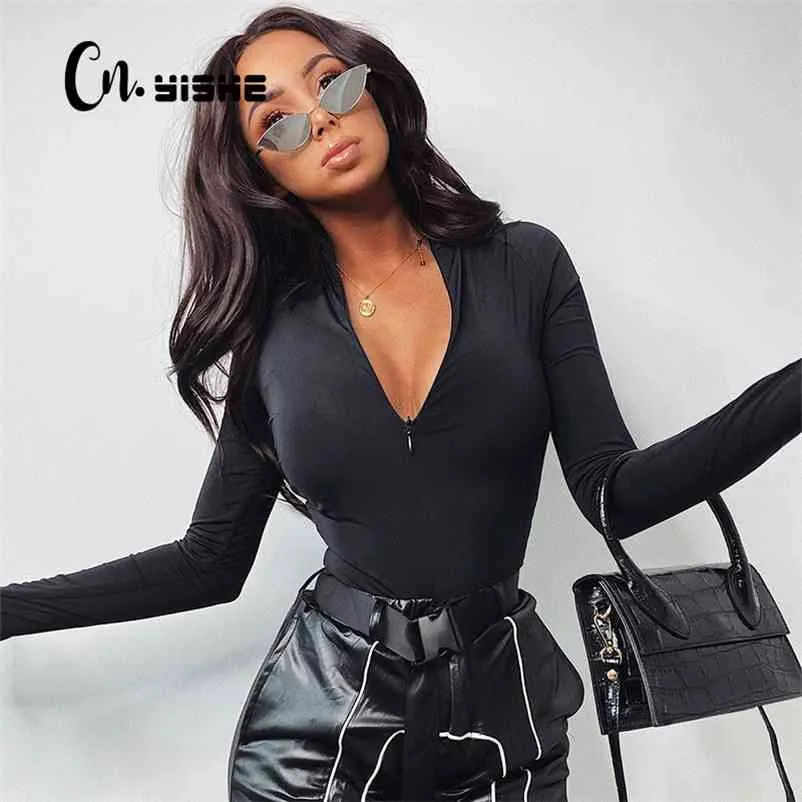 CNYISHE macacão zipper manga longa bodysuit bodycon para mulher puro inverno romper jumpsuits sexy corpo feminino preto tops 210728