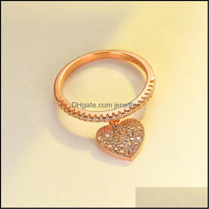 Luxury Female White Crystal Pendant Ring Charm Rose Gold Color Wedding Rings For Women Cute Bridal Love Heart Engagement Ring Y0420