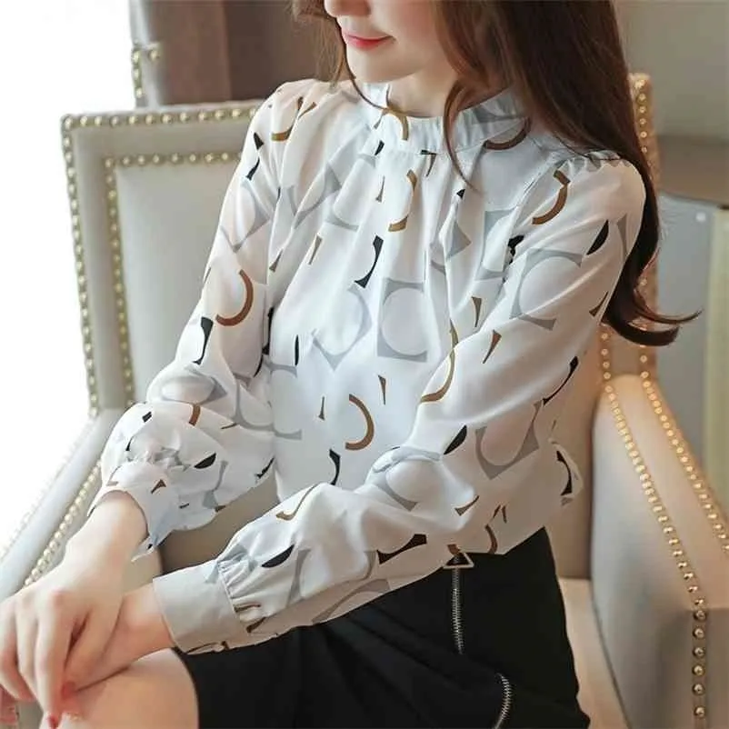 Women Blouses Korean Fashion Casual Long Sleeve Chiffon Print O-neck White Black Autumn Tops Shirts 210514