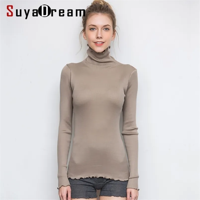 SuyaDream Women Solid Turtleneck Pullovers 80 Silk 20 Cotton Slim Fit Rib Sweaters Autumn Winter Bottoming Knit wear 210806