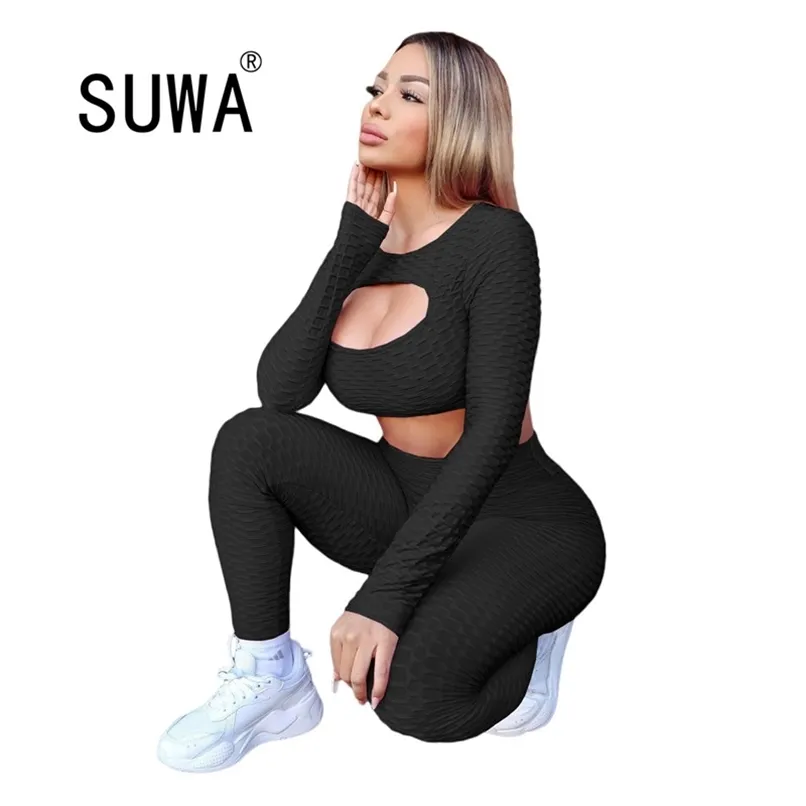 All Black Loungewear Mujeres 2 Piezas Trajes Front Hollow Out Crop Top Túnica Jogger Leggings Chándal Sexy Fitness Wear 210525