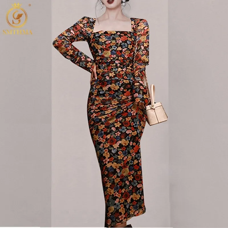 Spring Square Neck Mesh Print Mid-Length Dress Robe Women's Long Sleeve Vintage Elegant Vestido 210520