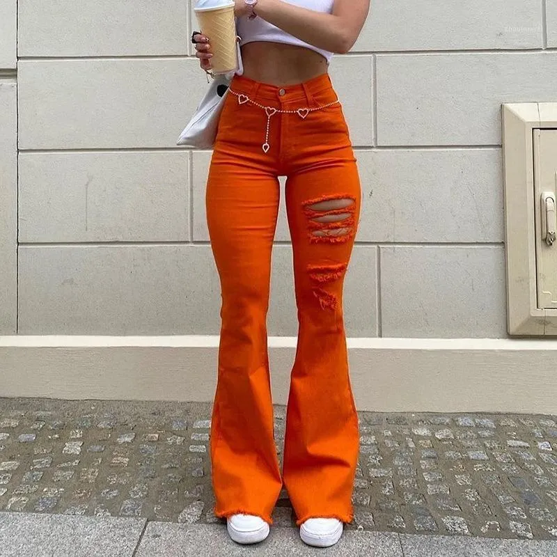 Damesbroek Capri Flare-jeans Damestrend gescheurde gescheurde rand Hoge taille Heup Micro-Europese en Amerikaanse dunne vrijetijdsbroek