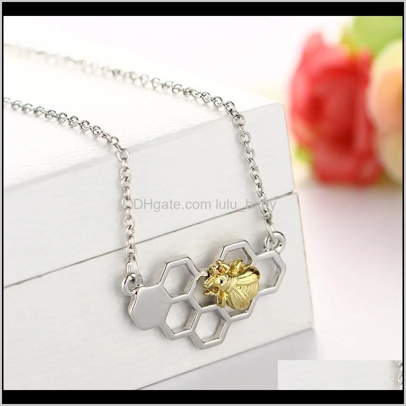 wholesale- chic silver gold bee on the honeycomb necklaces & pendants hexagon comb hive necklace for women jewelry you are my honey