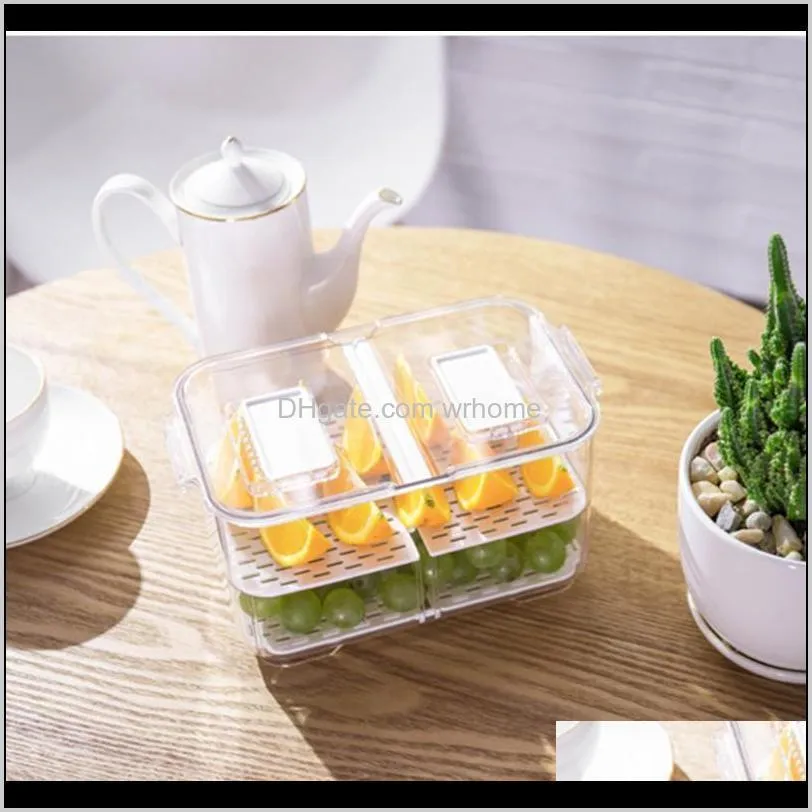 Saving Space Home Drain Storage Box With Lid Fridge Organizer Fruit Vegetable Transparent Rectangle Double Sealed Portable Bottles &