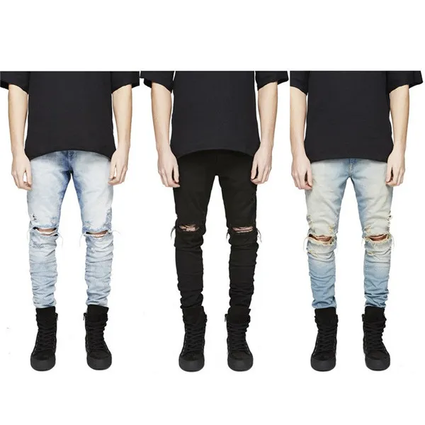 I lager Slim Fit Ripped Jeans Herr Hi-Street Herr Distressed Denim Joggers Knähål Tvättade Destroyed Plus Size