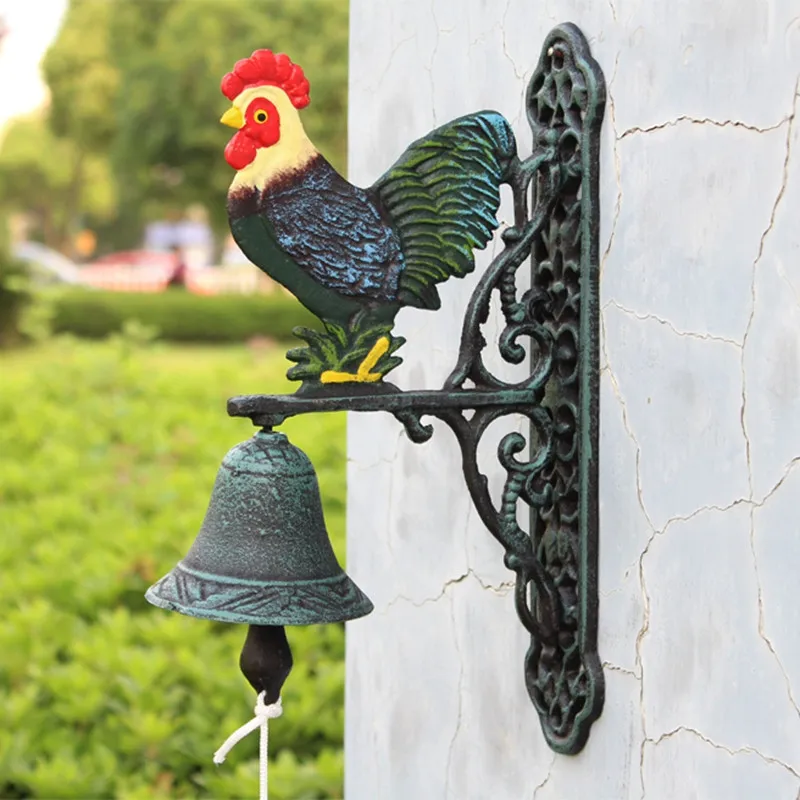 Antique Cast Iron Hand Painted ROOSTER Motif Doorbell Home Decor Welcome Dinner Bell Windchime Chicken Wall Mount Hanging Door Porch Decorations Country Vintage