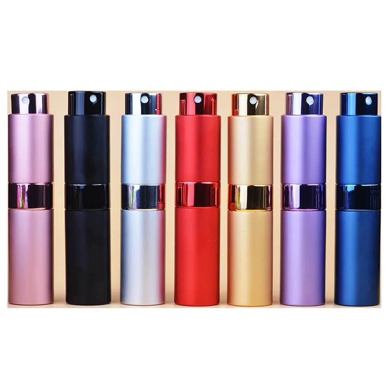 8 ml 15 ml draagbare roterende lege spray parfumfles geanodiseerd aluminium reizen flessen glas oliën diffusers make-up vloeibare verstuiver sprays bottling tube