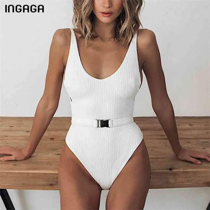 INGAGA Swimsuit High Cut Swimwear Women Solid Bathing Suits Summer Belted Beachwear Sexy Backless Bodysuit 210611