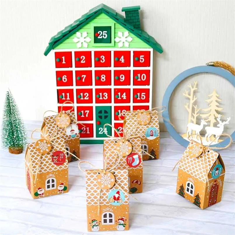 24 세트 크리스마스 하우스 선물 상자 크래프트 종이 쿠키 사탕 가방 눈송이 태그 1-24 출현 달력 스티커 마 211019