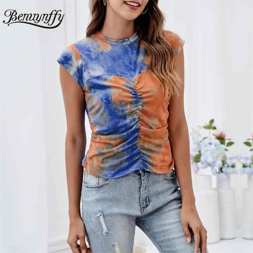 O-hals stropdas dye ruches t-shirts vrouwen zomer cap mouw korte vrouwelijke top tees casual mode slim fit t-shirt 210510