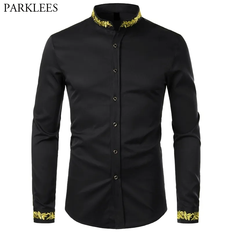 Gold Broderie Shirt Homme Stand Collier Marque Hommes Manches longues Casual Slim Fit Hommes Robe De Chemise Fashion Pal Partie Mens Chemise 210524