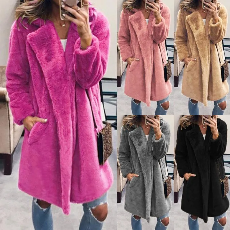 Women's Wool & Blends Women Fur Coat Winter Oversize Casual Solid Long Female Vintage Jacket Outwear Thinck Warm Ski Plush Overcoat Chaqueta