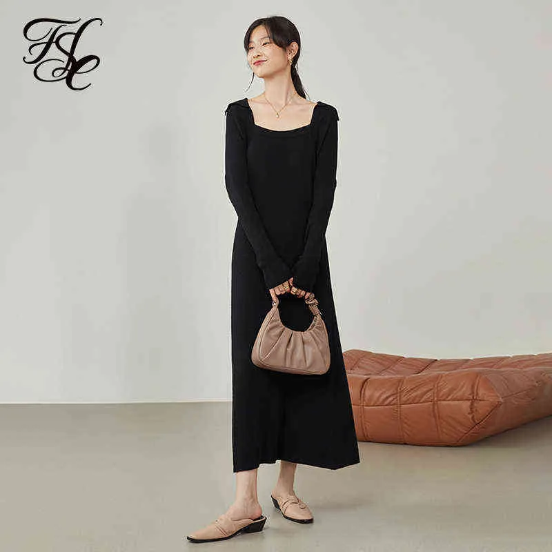 FANSILANEN Women Black Knitting A-line skirts Women Square Collar Slim Temperament Dresses Long Commuter Ankle Sweater Dress G1214