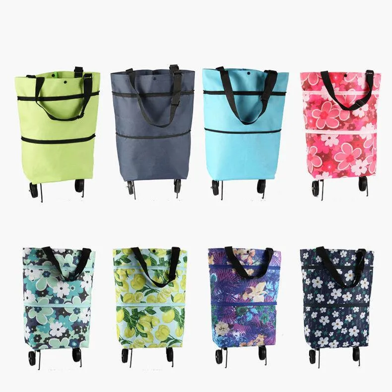 Storage Bags Foldable Supermarket Shopping Bag Trolley Pull Cart On Wheels Reusable Food Organizer Vegetables Grocery