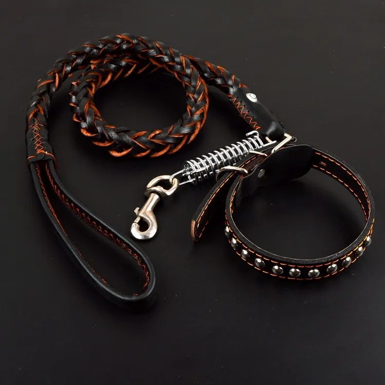 Dog Leash With Collar Pet Chain Cowhide Collars Round Rivet Metal Hook Genuine Leather Medium and Large Dogs Pets Supplies