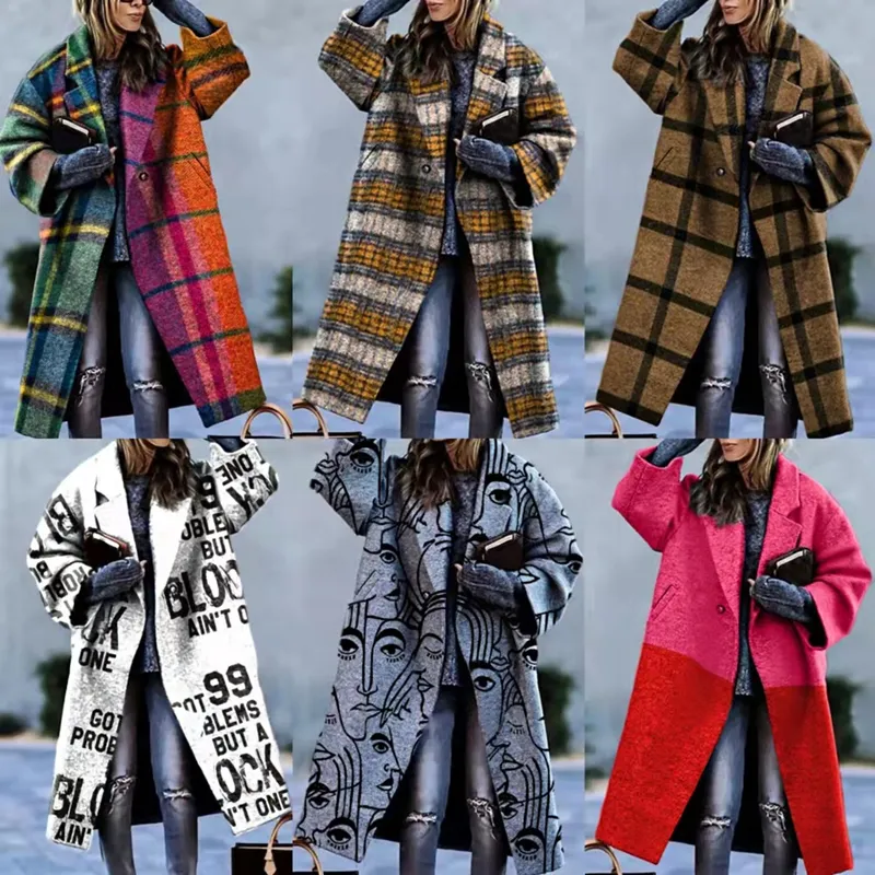 Kvinnor Lång Woolen Jackor Fashion Trend Color-Blocked Loose Plaid Utskrift Ytterkläder Designer Vinter Kvinna Överdimensionerad Lapel Shirts Coats