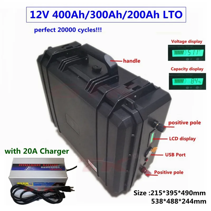 20000 Zyklen LTO 12 V 400 Ah 300 Ah 200 Ah Lithium-Titanat-Batterie 12 V mit BMS für Boot, Wohnmobil, Solarsystem, Kühlschrank, 20 A Ladegerät