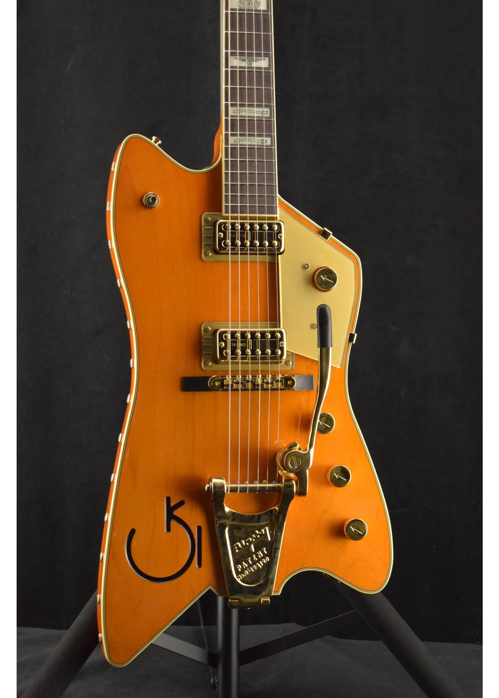 6199TW Billy Bo Jupiter Fire Thunderbird Western Orange Guitarra eléctrica Steer Head Fence Incrustaciones de perlas, puente Bigs Tremolo, golpeador Gold Sparkle