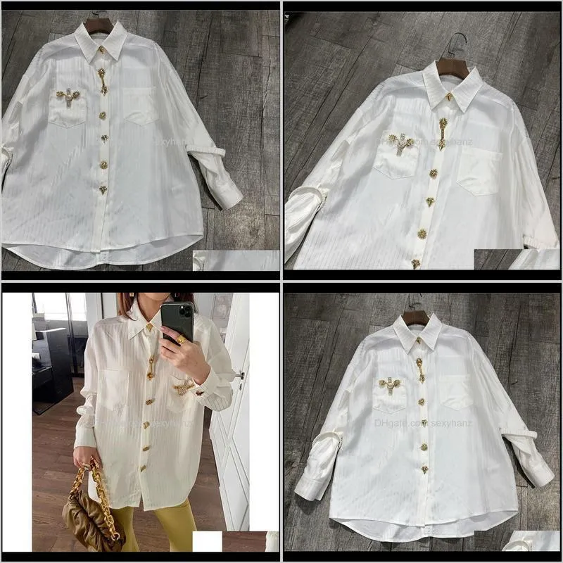 2021 new gold button decoration loose long sleeve stripes acetic acid white shirt women`s fashion blouse