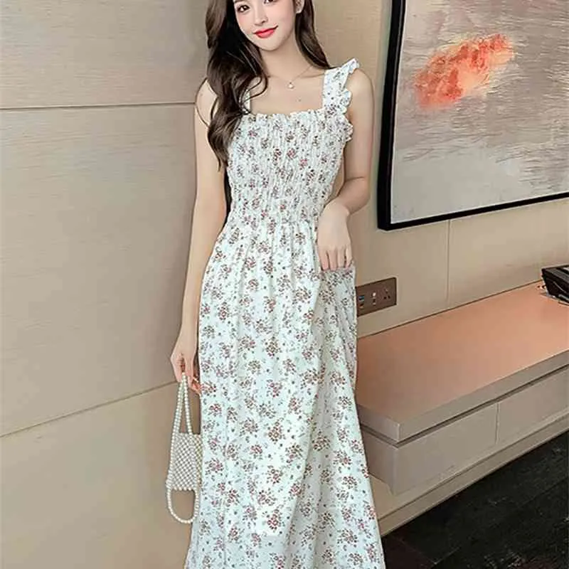 Square Neck Floral Midi Dress: French Retro Style, Elastic