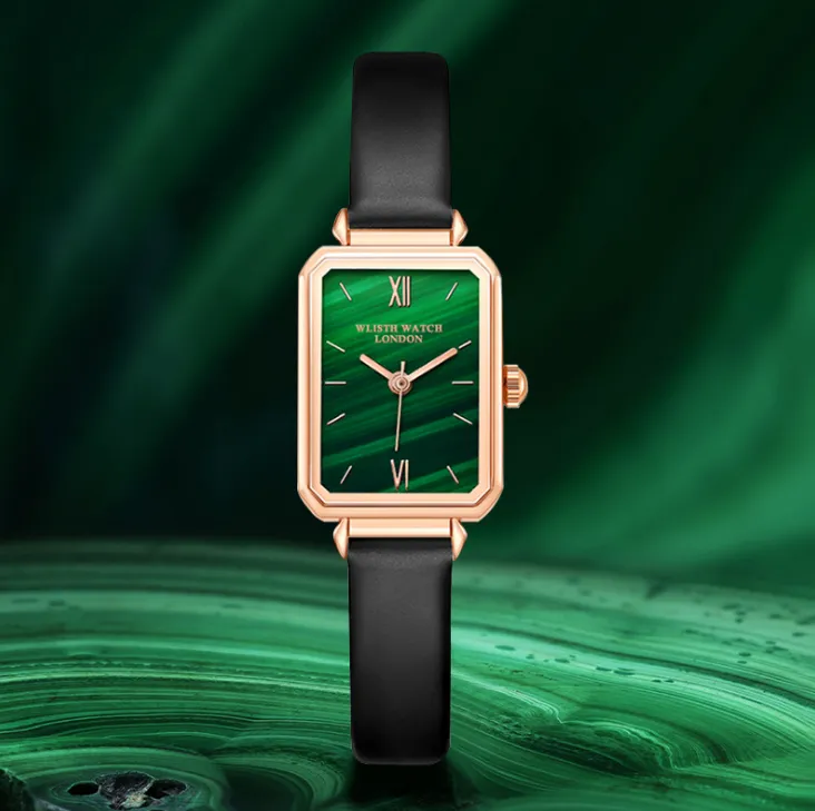 Cadran vert doux et coloré Montre pour femme à tempérament simple Bracelet en cuir véritable Quartz Stundents Montres Design spécial Montres-bracelets pour filles délicates