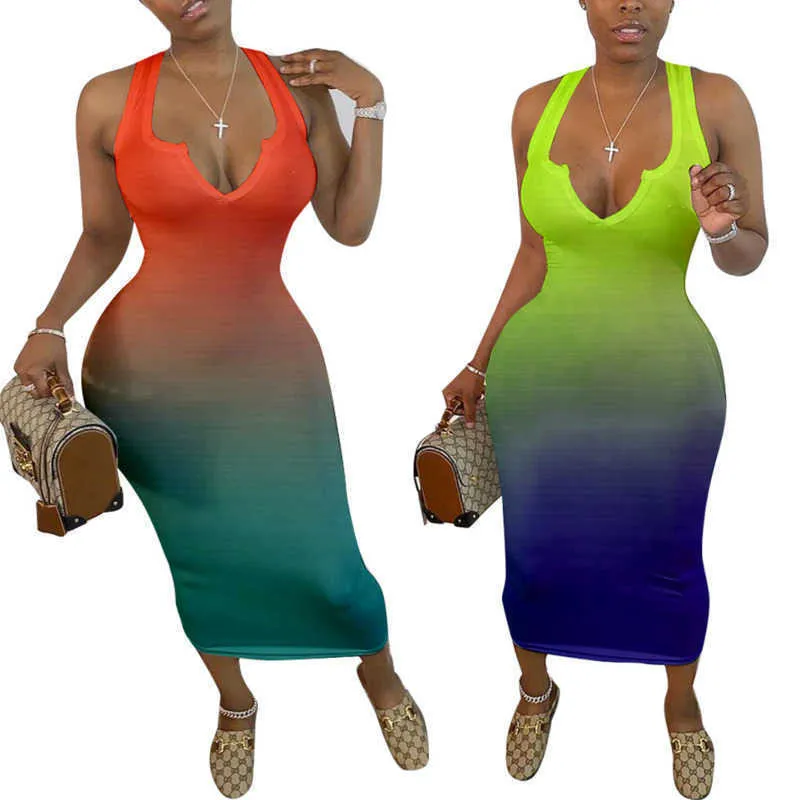 2022 여성 그라디언트 색상 섹시한 드레스 디자이너 캐미솔 V 넥 민소매 바디 콘 드레스 여자 여름 디자이너 옷
