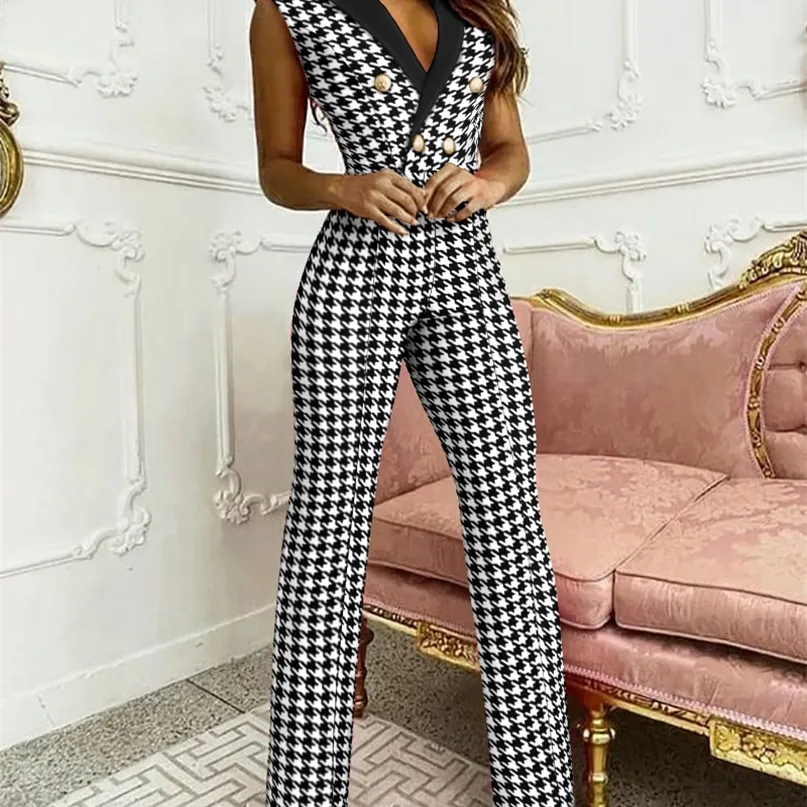 Autumn Women Houndstooth Print Skinny Blazer Jumpsuit Femme Double Breasted Sleeveless Bodysuit Office Lady Clothing traf 220226