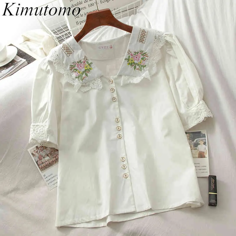 Kimutomo chic floral borduurwerk blouse vrouwen kant patchwork lente Koreaanse vrouwelijke Peter pan kraag korte mouw tops 210521