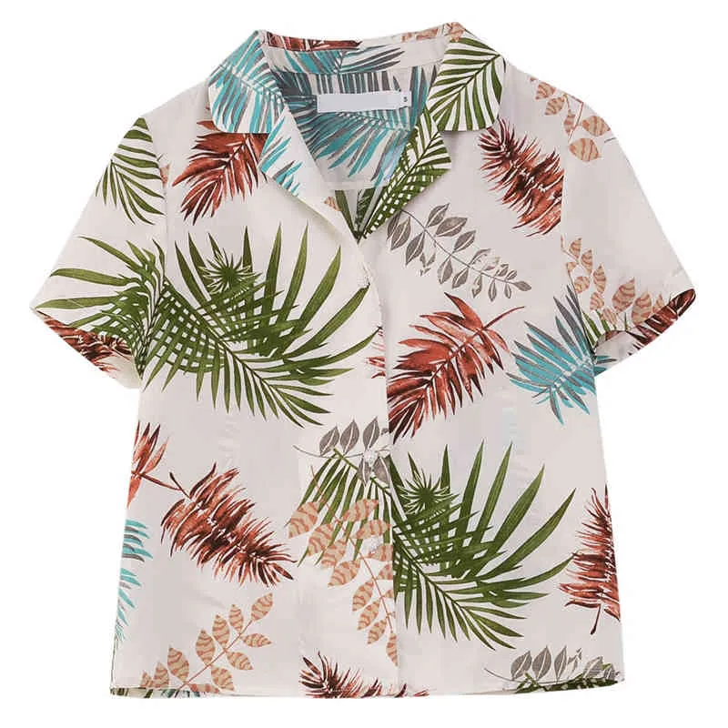 Hawaii белые листья печать поворотный воротник рубашка рубашка с коротким рукавом летних повседневных пляжных женщин B0157 210514