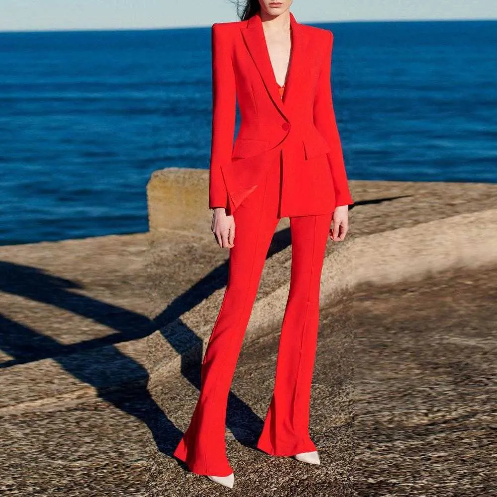 Winter Women's Clothing Set Sexy Red Long Sleeve Blazer Coats Office Lady Two Pieces Boot Cut Pant Suits 210527