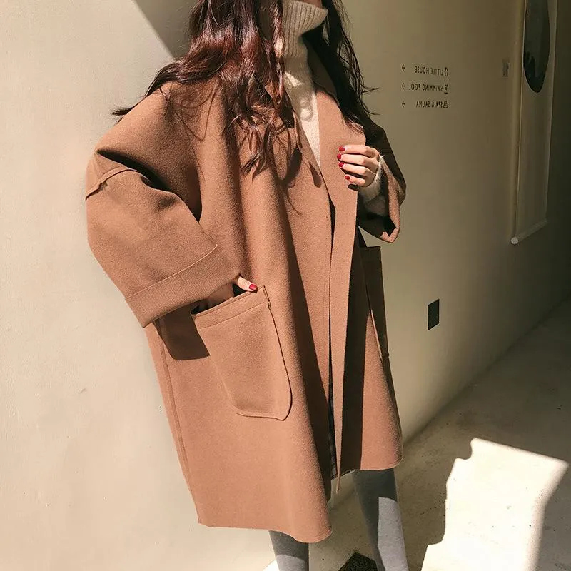 Oversize Coat Female Autumn Women Wool Big Pocket Woman's Camel Ladies Long Casual Loose Plus Size Black