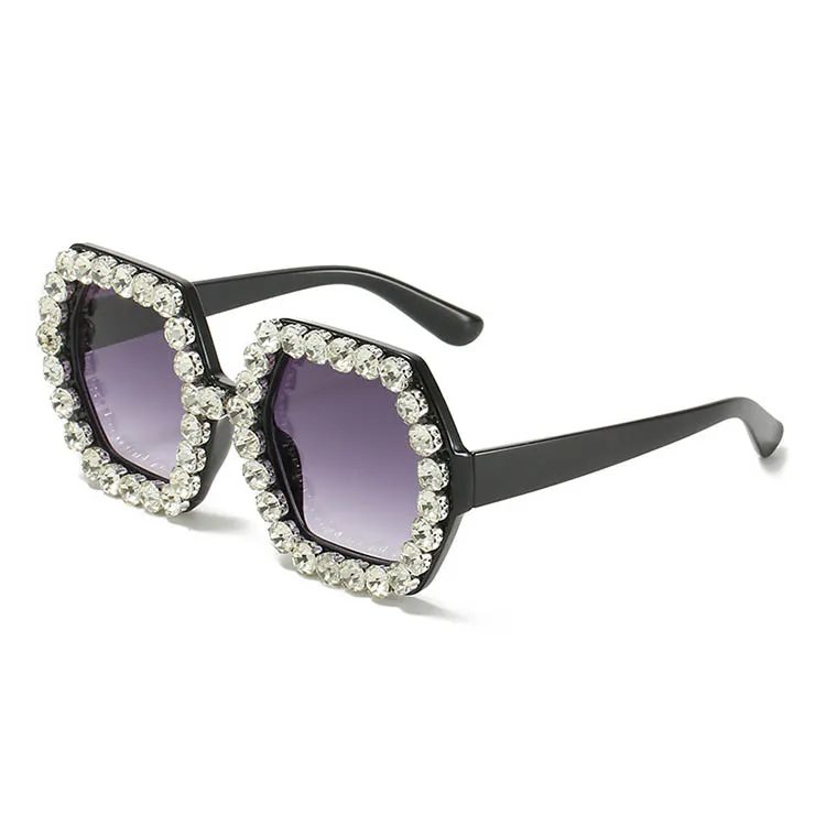 Grandes diamantes artificiais mulheres óculos de sol hexagonal quadro de plástico hexagonal com rhinestones lentes UV400 e pernas sucintas moda óculos de sol luxuosos