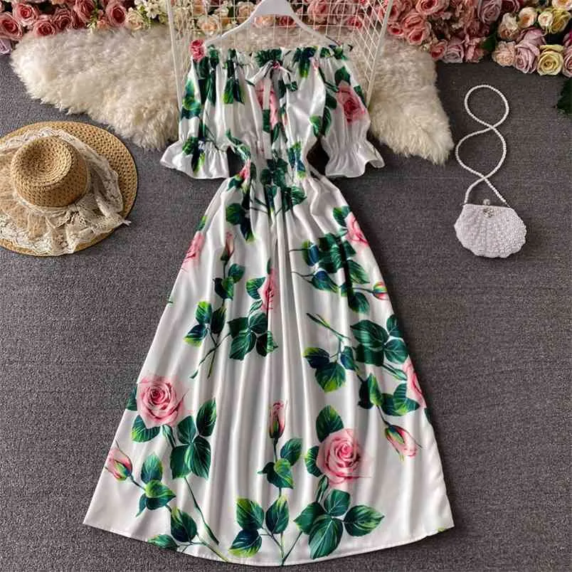 Letni styl róża druk koronki łuk węzeł jeden słowo kołnierz vestidos damski bez ramiączek elegancka sukienka MIDI GK471 210506