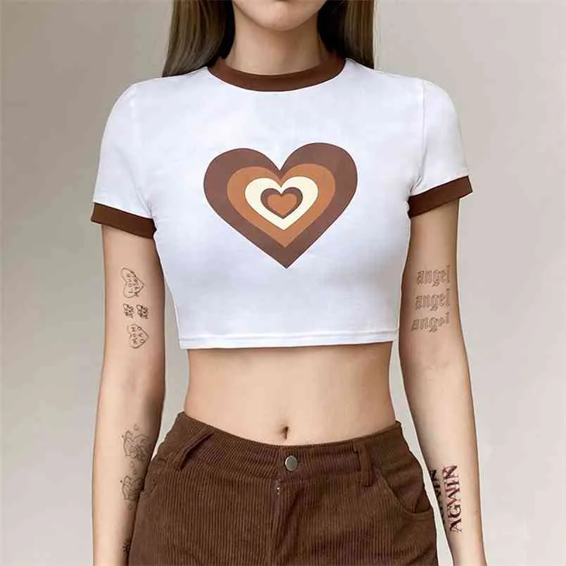 Kawaii Stampa cardiaca T-shirt Y2K con manica corta Fashion Fashion Donne Harajuku Summer Crop Top per ragazze Bianco Tees Shirt 210510