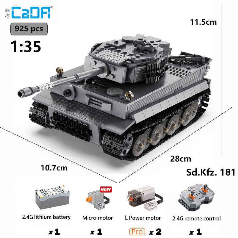 CADA Технический RC Tanks 925 шт. 1:35 WW2 Tiger Tain Tain MOC Военные ARMAS Tank Model Kit Строительные блоки Дистанционные игрушки для мальчиков Подарки Y220214