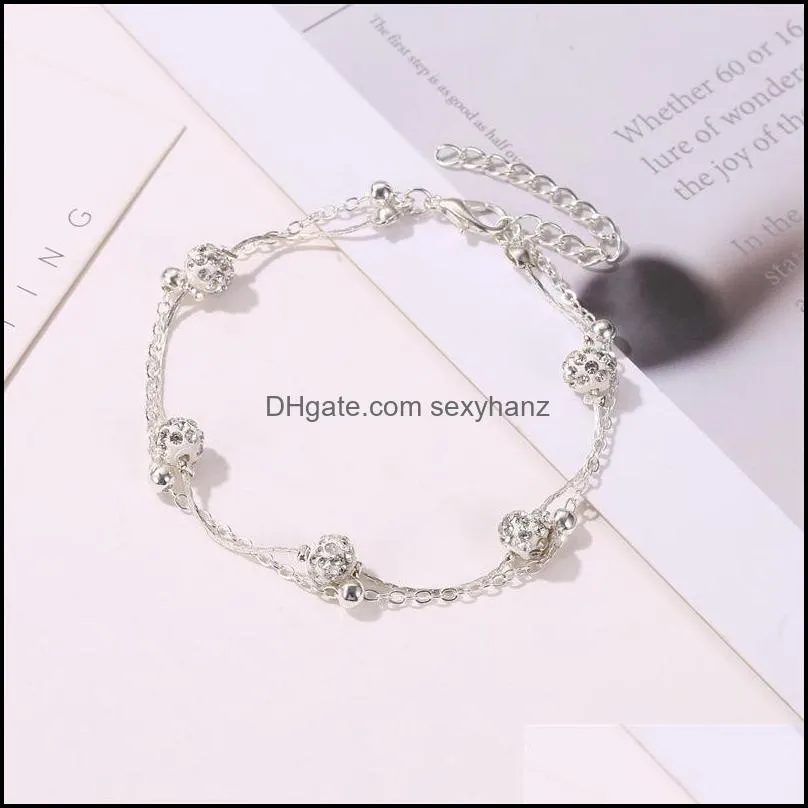 European Double Layer Diamond Ball Anklets Alloy Thin Beads Foot Chain Women Beach Vacation Gift Anklet Jewelry Accessories Wholesale