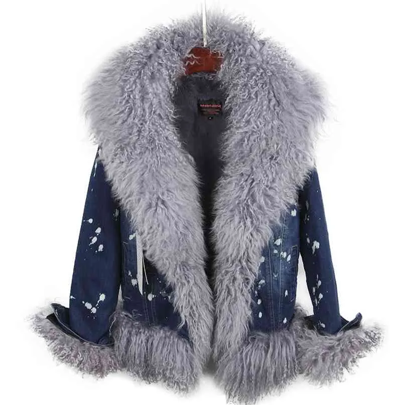 Lana naturale foderata con lussuoso cappotto di jeans con collo in pelliccia giacca corta moda casual calda invernale 210923