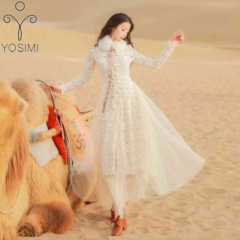 Yosimi lente twee stuk outfit volledige mouw beige kanten jurk en mesh lange jurken vintage chinese stijl 2 set 210604